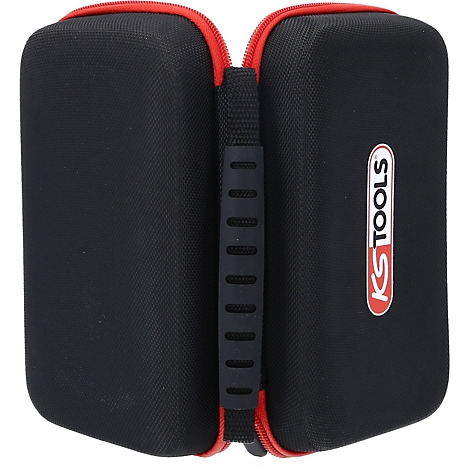 Schwarze Werkzeugtasche mit rotem Reißverschluss und Griff. Auf der Seite steht weiß "KS TOOLS".